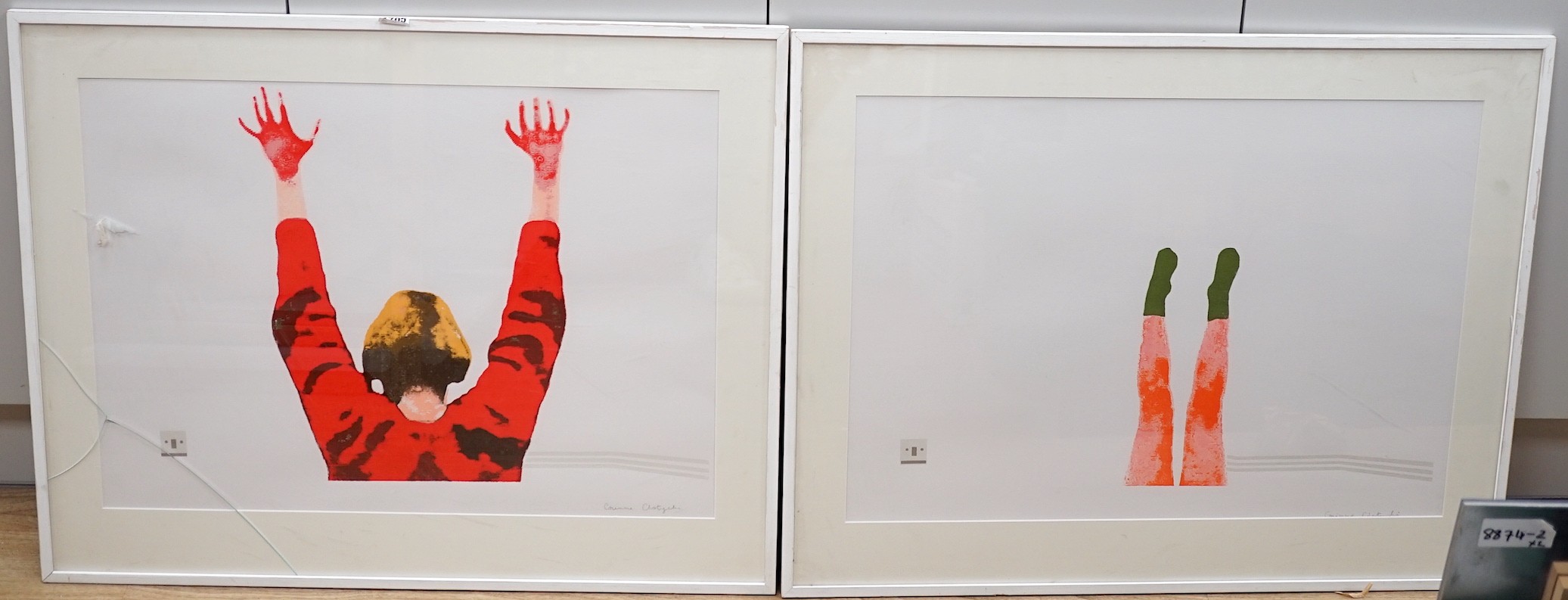 Corinne Chatychi?, pair of colour prints, Figure with raised arms and legs, signed in pencil, 49 x 66cm